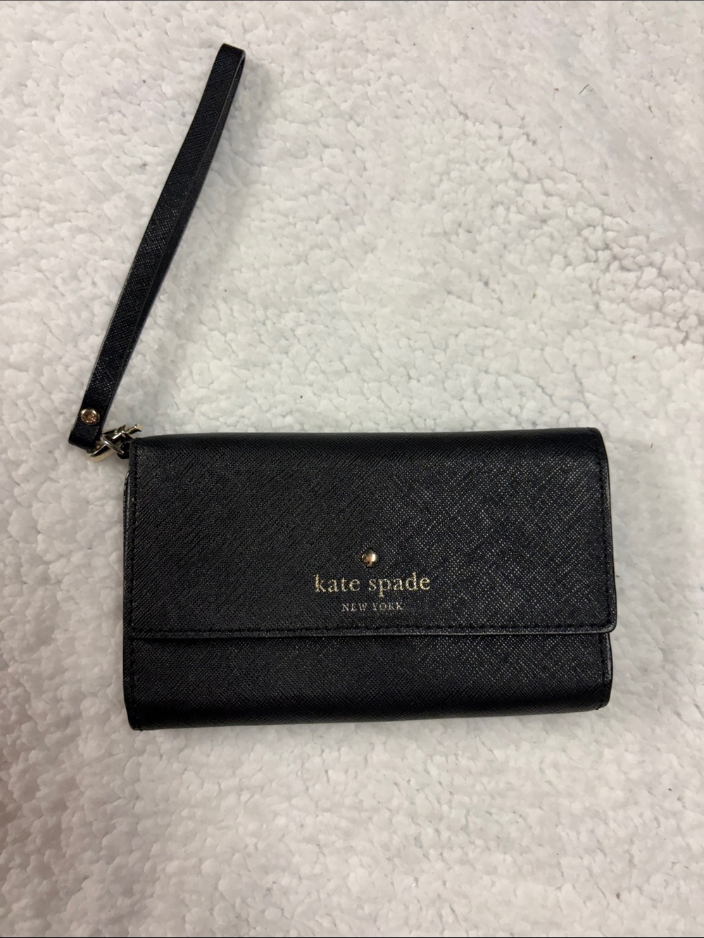 kate spade Black Saffiano Wristlet Clutch with Gold Logo